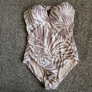 NWT Kona Sol One Piece Swimsuit Large Brown Tropical Palm Print Tie Front Padded